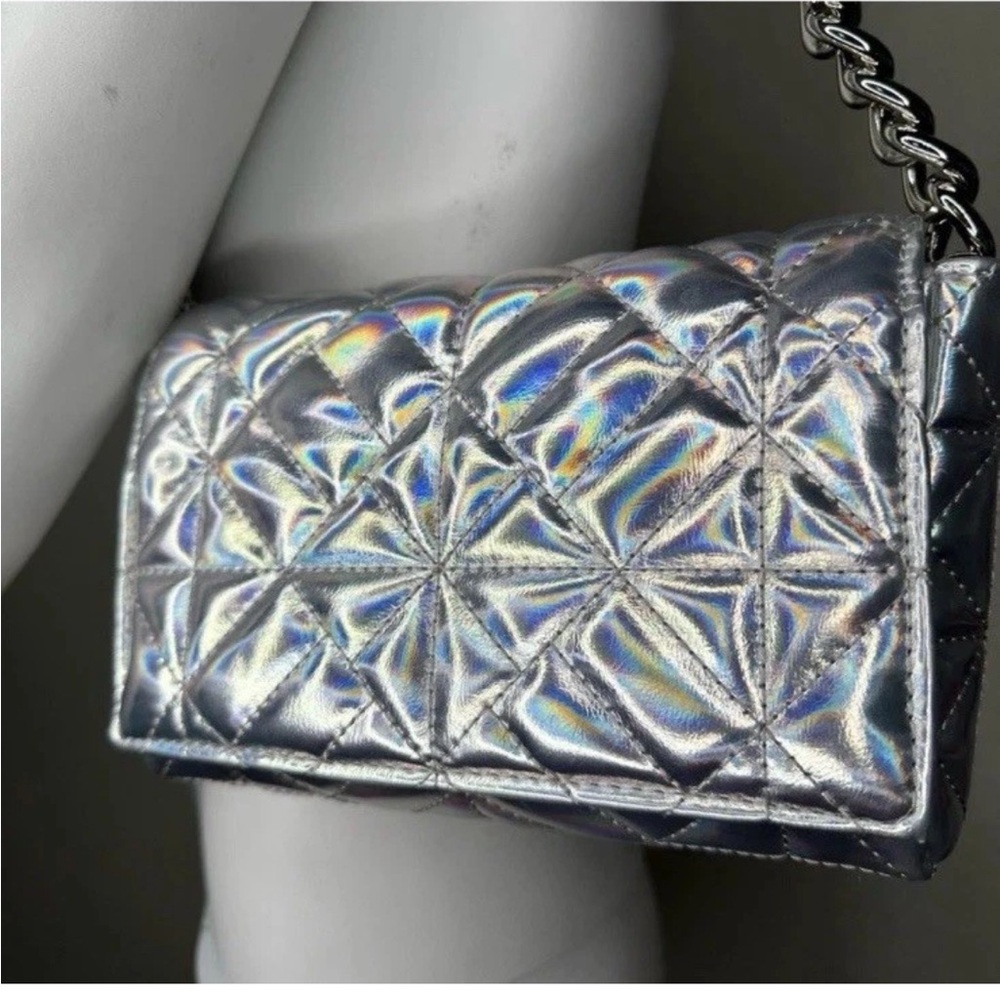 ZARA PLATINUM IRIDESCENT QUILTED CHAIN SHOULDER BAG PURSE